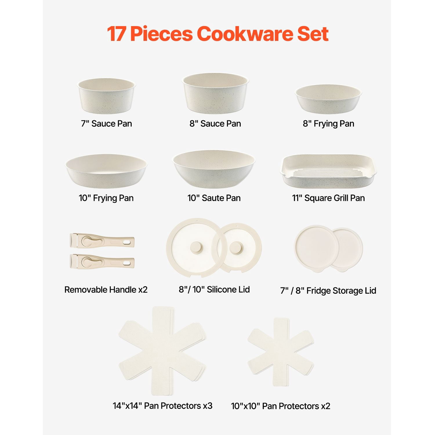 17 Piece Pots and Pans Set Nonstick, Detachable Handle Cookware, Space Saving Induction cookware set, Kitchen RV Cooking Sets, with Frying, Sauce, Saute, Tempered Glass Lids, Oven Safe, White