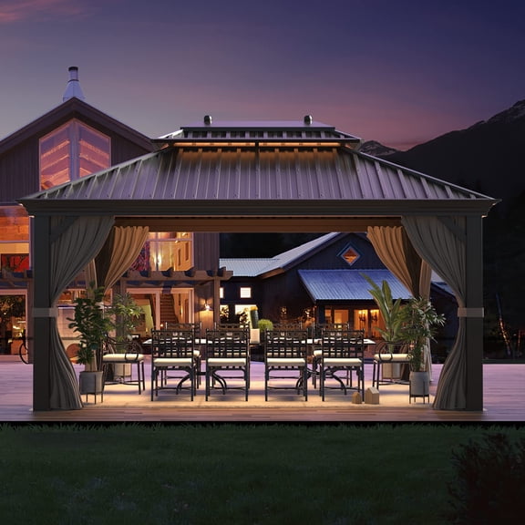 Hommow 12' x 16' Hardtop Gazebo Galvanized Steel Outdoor Double Roof Patio Gazebo with Aluminum Frame