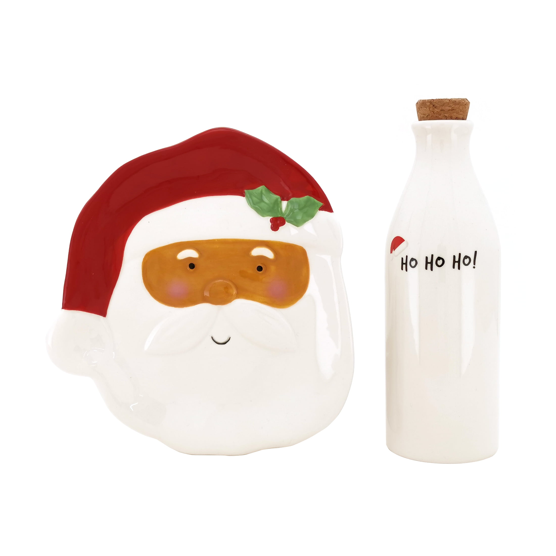Holiday Time Red and White Santa Cookie Tray and Bottle, 7.5" Earthenware Ceramic, Decoration