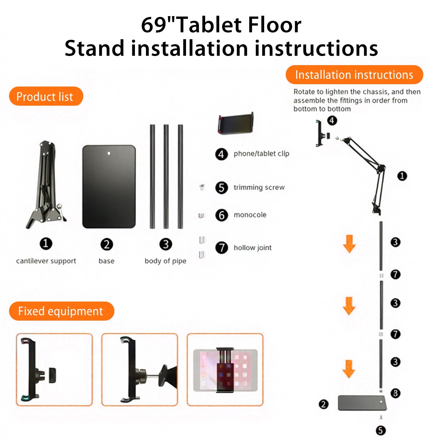 Hanru Tablet Floor Stand, 69" Height Adjustable 360-degree Rotatable Tablet Holder, Arm Stretchable Stand, Overhead Bed Phone Mount（4"~12.9''）