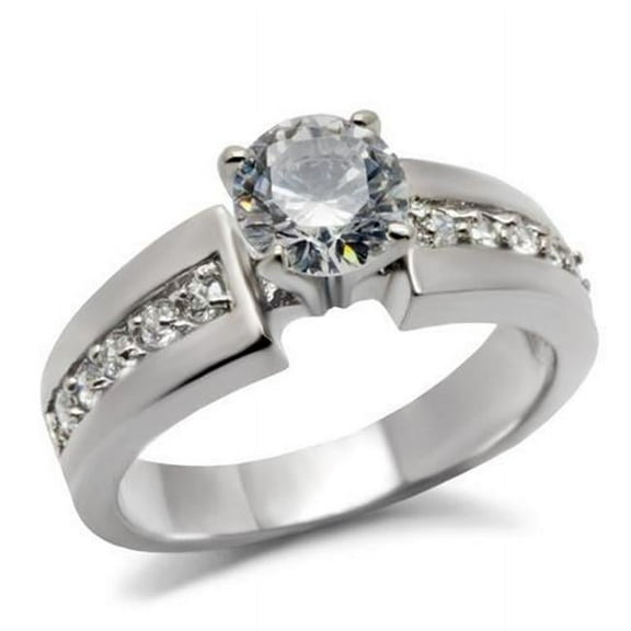 Women High Polished Stainless Steel Ring with AAA Grade CZ in Clear - Size 6