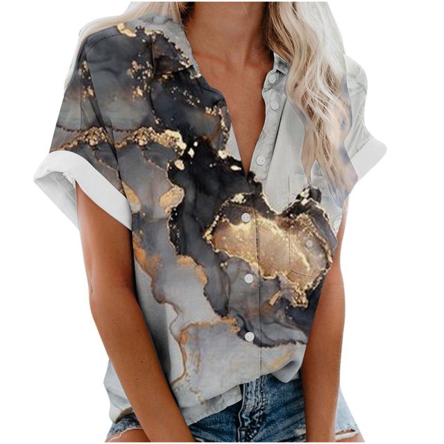CEHVOM Blouse Décontractée pour Femmes à Col à Revers Manches Courtes Imprimé Chemise Ample Boutons Cardigan Liquidation