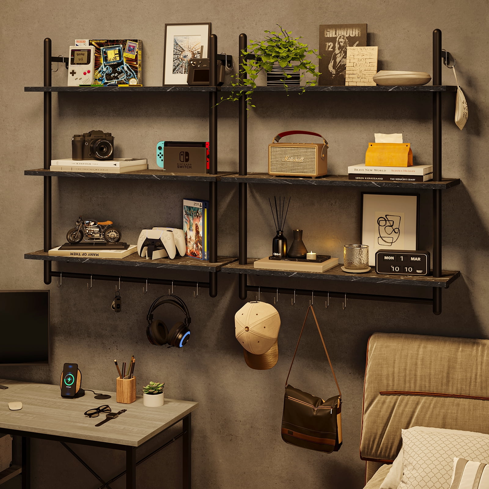 Bestier 31" Kitchen Wall Shelves 3-Tier Floating Shelves for Bathroom, Bedroom, Living Room, Black Marble
