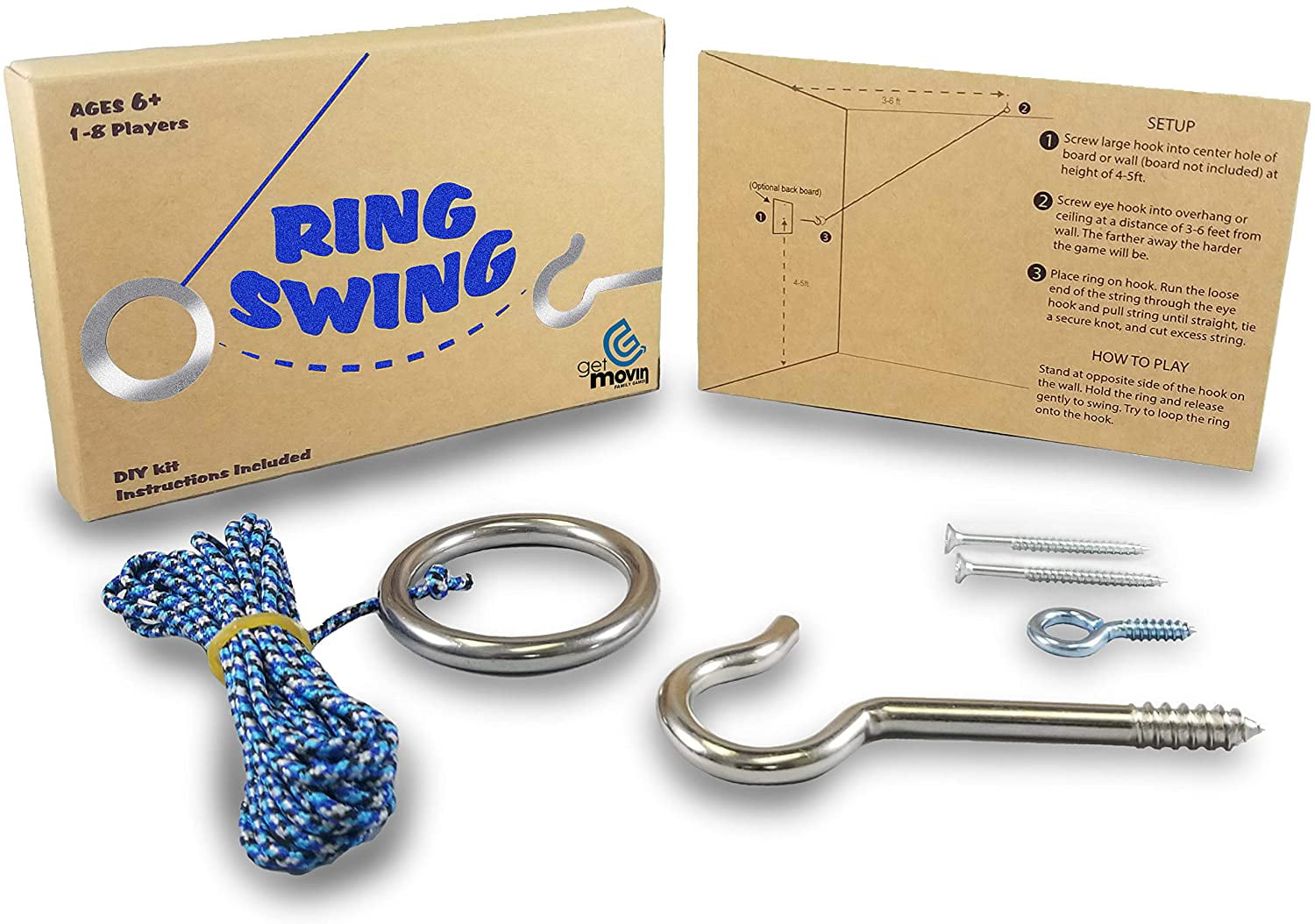Outdoor for Endless Hours of Fun! GETMOVIN SPORTS Hook and Ring Swing DIY Kit Stainless Steel Hardware and Nylon String Ring Toss Game Indoor