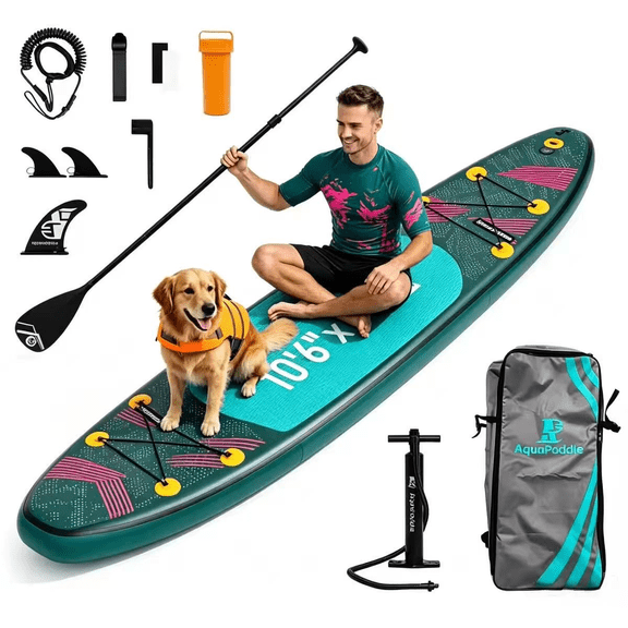 LNOW 10'6 Inflatable Stand Up Paddle Board  6' Thick SUP Paddle Board with Paddleboard Accessories Triple Action Pump