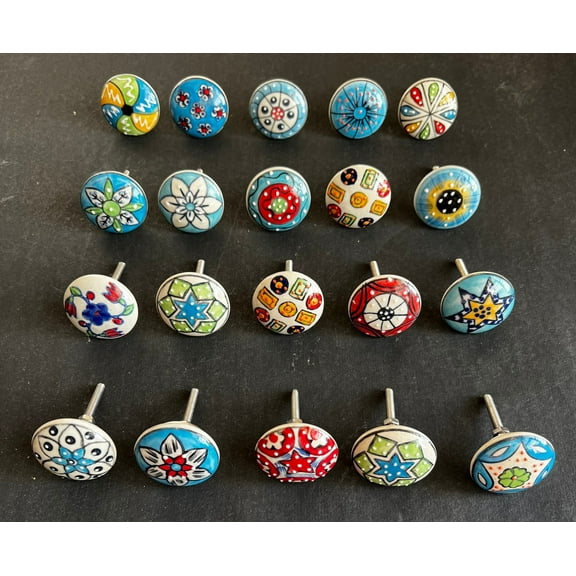 20 PC of Cabinet Ceramic Knobs | Flower Mandala Designs| Drawer Closet Dresser Wardrobe Furniture Door| Nuts & Bolts Included