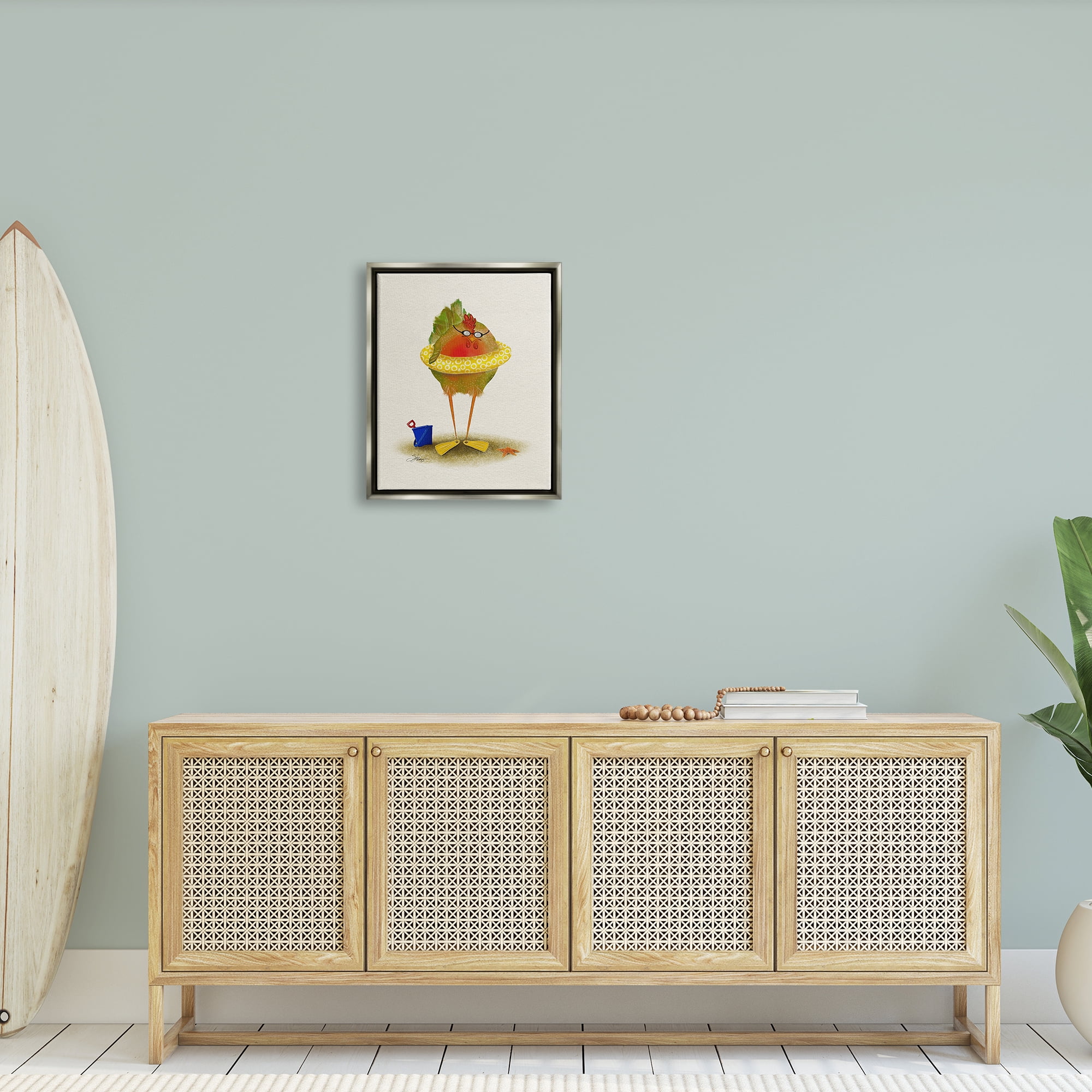 Stupell Fun Whimsical Bird Beach Tube Landscape Painting Gray Floater Framed Art Print Wall Art