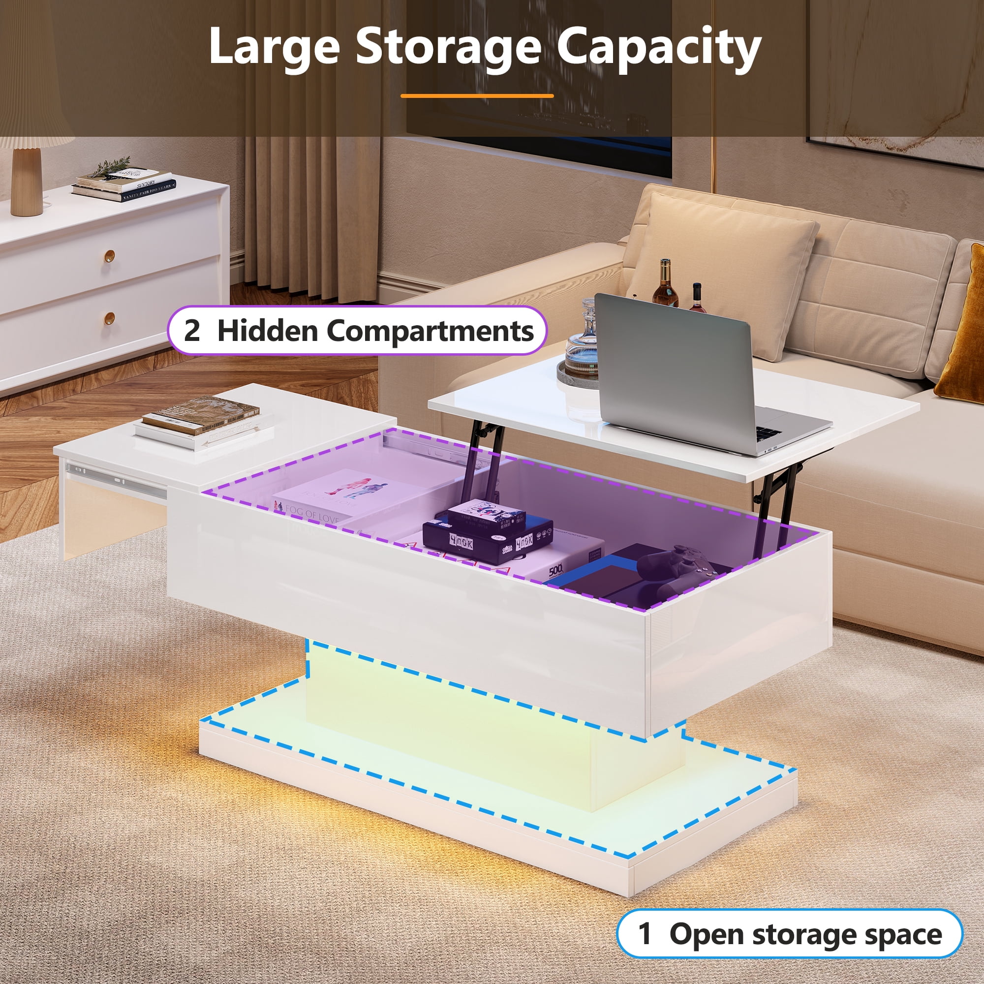 Homy Casa Lift Top LED Coffee Table, High Gloss White, Sliding Top, Storage, Bluetooth App