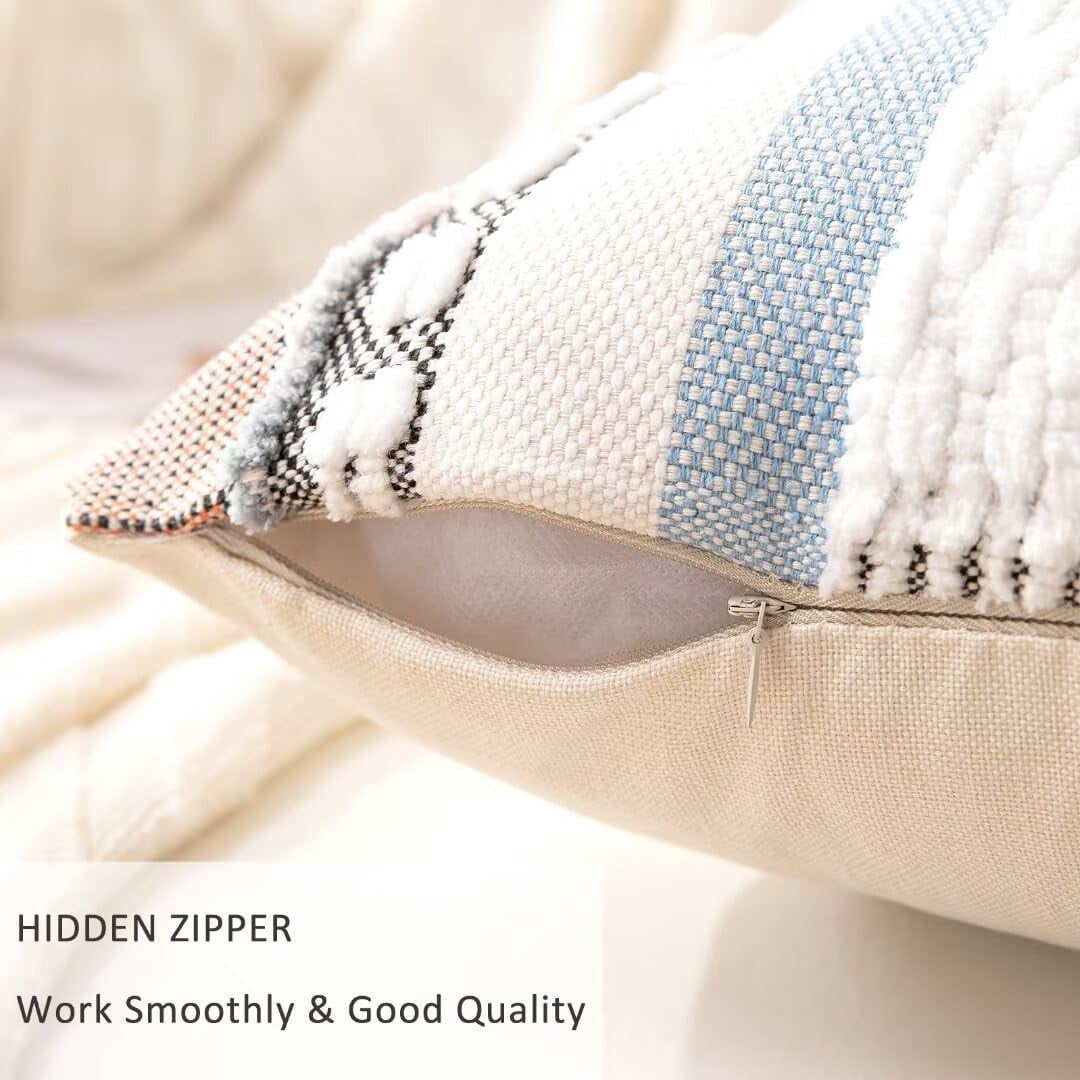 Boho Throw Pillow Covers 18x18 Set of 2 Farmhouse Decorative Cushion Case Striped Square Pillows Cover Chenille Pillow Cases Accent Neutral Pillowcase for Sofa Couch Bed