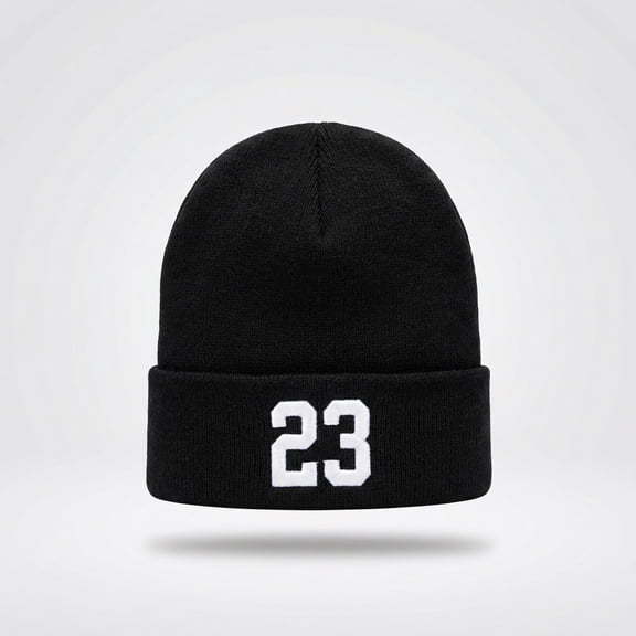 Unisex Black Knit Beanie Hat with White 23 Graphic Soft and Comfortable All-Season Wear