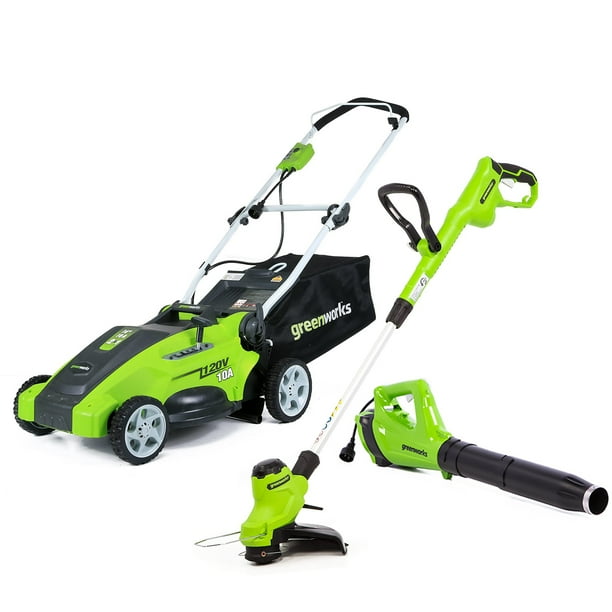 Lawn Mower And Weed Eater Combo Greenworks 24 Volt Cordless 14" Mower, Blower & 10" Trimmer Combo Kit