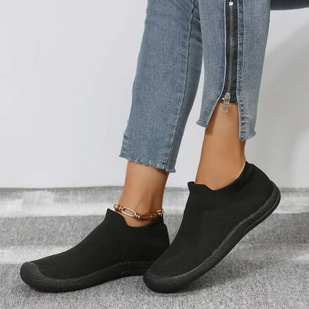 XDDST Large Size Womens Flats Comfortable Dressy Flat Ladies Flyweaving Mesh Sports Casual Socks Shoes Breathable Plus Size Lightweight Running Shoes Sneakers Casual Shoes Black