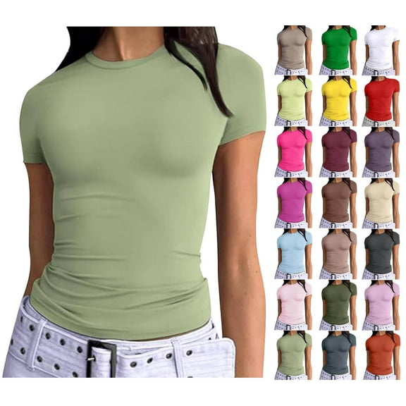 under 5$ Sevevn Women's Short Sleeve Solid Color Crewneck Casual Top Pullover T-shirt End of Year Green S