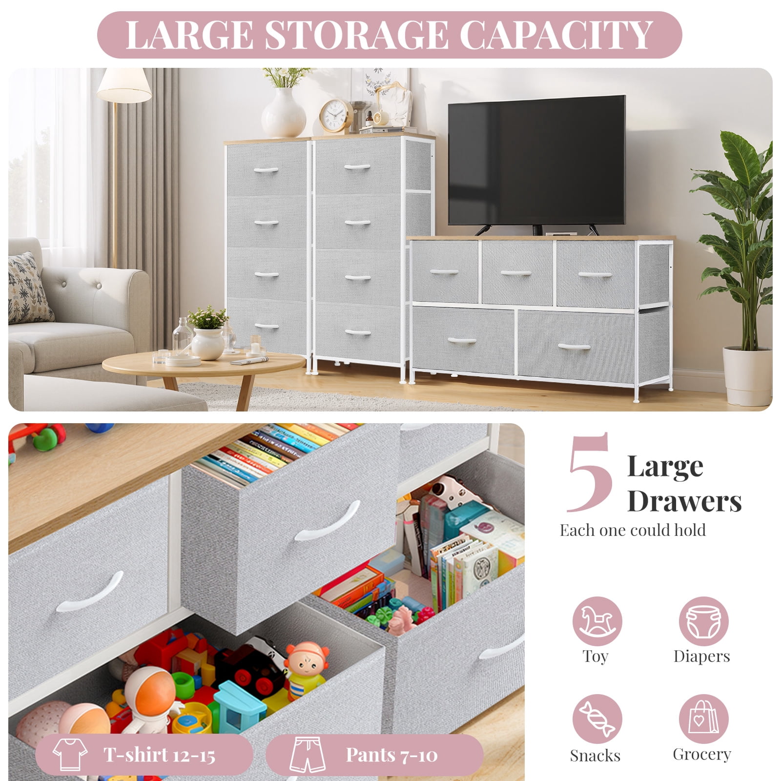 Dresser, Betcozy Storage Organizer with 5 Drawers for Bedroom, Chest of Drawers with Fabric Bins, Sturdy Metal Frame, Wood Tabletop, Light Gray