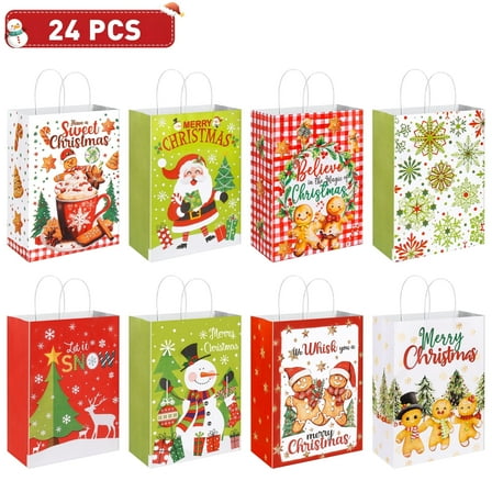 Yousxin 24 pcs Christmas Kraft Gift Bags for Present Wrapping, Holiday Paper Goody Gift Treat Candy Bags for Holiday Party Favors and Decor Supplies