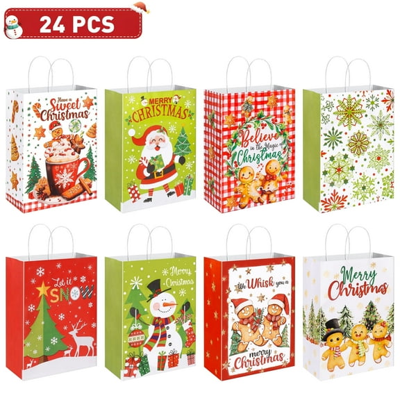 Yousxin 24 pcs Christmas Kraft Gift Bags for Present Wrapping, Holiday Paper Goody Gift Treat Candy Bags for Holiday Party Favors and Decor Supplies