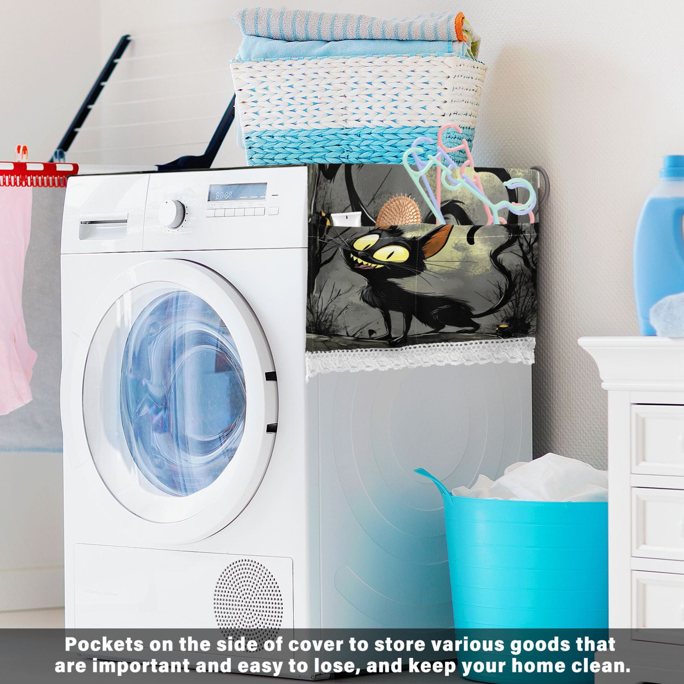 Funny Black CatWasher and Dryer Covers Dust-Proof and Oil Resistant Fridge Cover with 4 Storage Pockets Washing Machine Top Cover for Laundry Kitchen Home 51.2 x 22 In