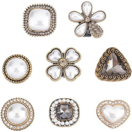 8 Pcs Shoelaces Charms 8 Retro Style Pearl Heart Bear Four Leaf Clover Shape Crystal Shoes Bag Decoration Accessories with Plactic Buckle Back for Girls Women Favors Birthday DIY