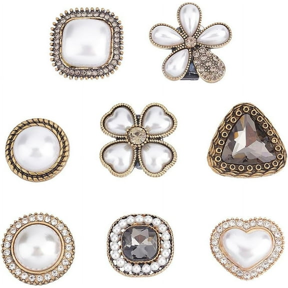 8 Pcs Shoelaces Charms 8 Retro Style Pearl Heart Bear Four Leaf Clover Shape Crystal Shoes Bag Decoration Accessories with Plactic Buckle Back for Girls Women Favors Birthday DIY