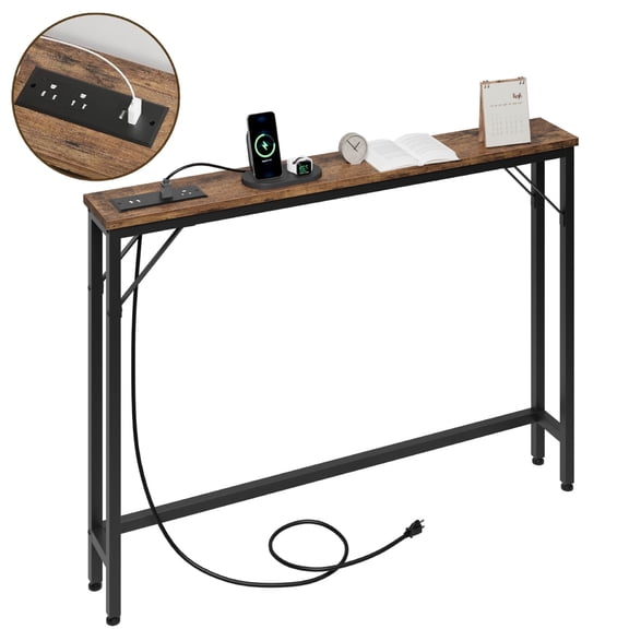 Aoile 39.3" Behind Couch Table with Power Outlets, Sofa Tables Narrow Long for Living Room, Entryway, Hallway, Rustic Brown