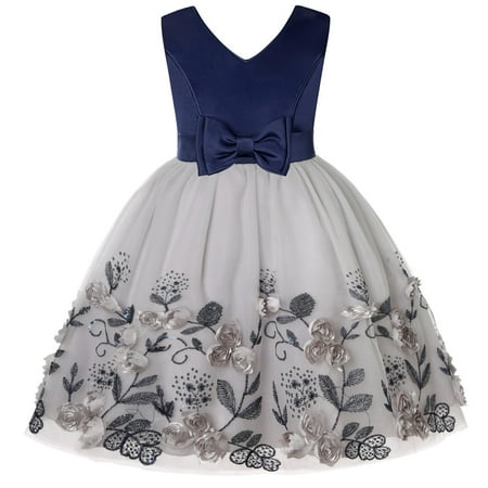

HTGFGMGW Flower Girl Dresses Girls Baby Blue Sleeveless Mesh Three Flowers Sequins Bow DressDresses Dresses for Girls Blue