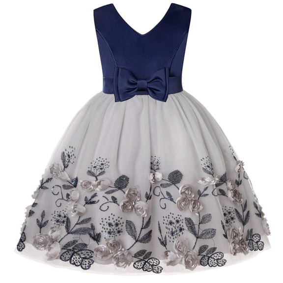 Coerni Girls Baby Blue Sleeveless Mesh Three Flowers Sequins Bow Dress Dress Dresses Baby Girl 1st Birthday Dress