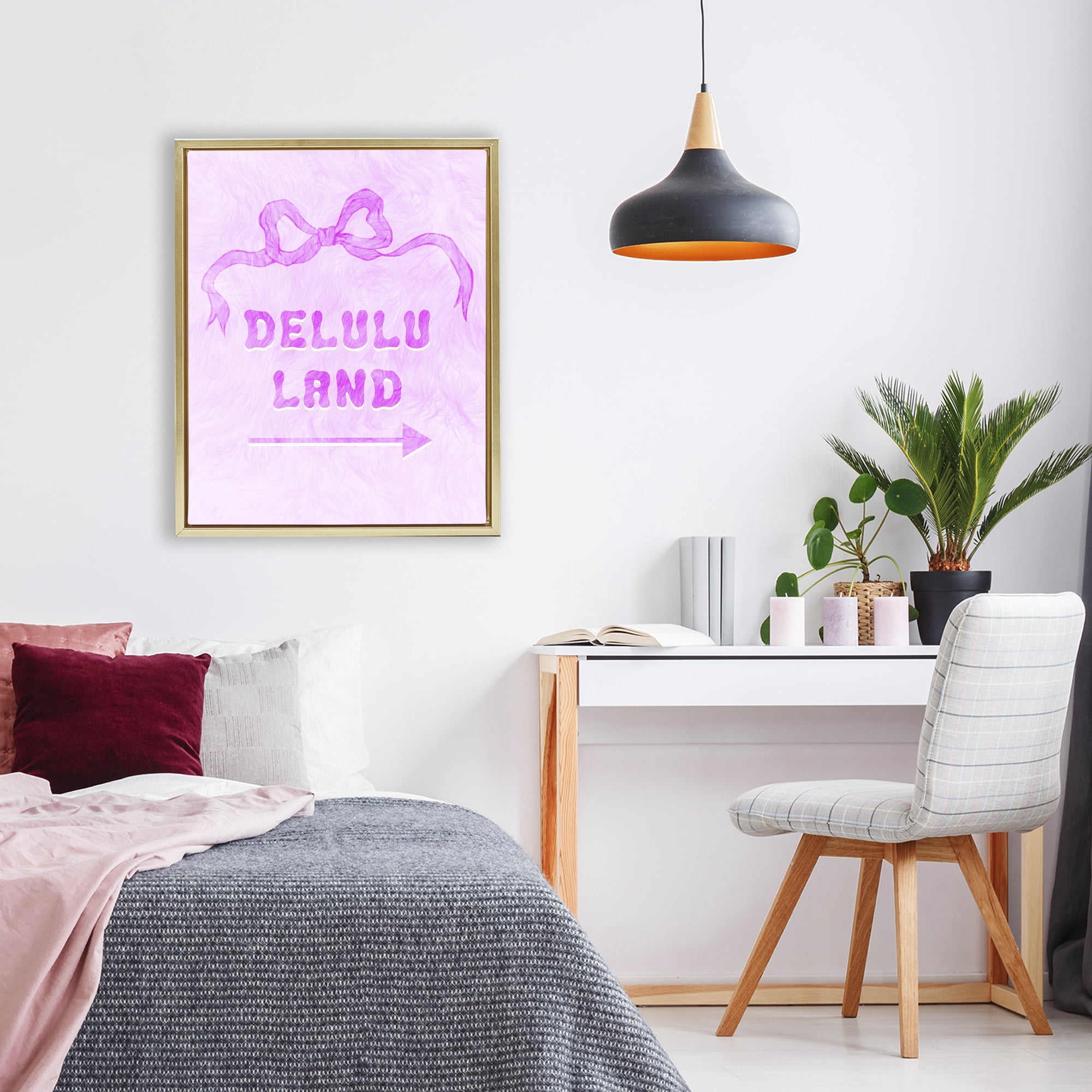 Stupell Industries Delulu Land Feminine Ribbon Gold Framed Floater Canvas Wall Art, design by Ziwei Li