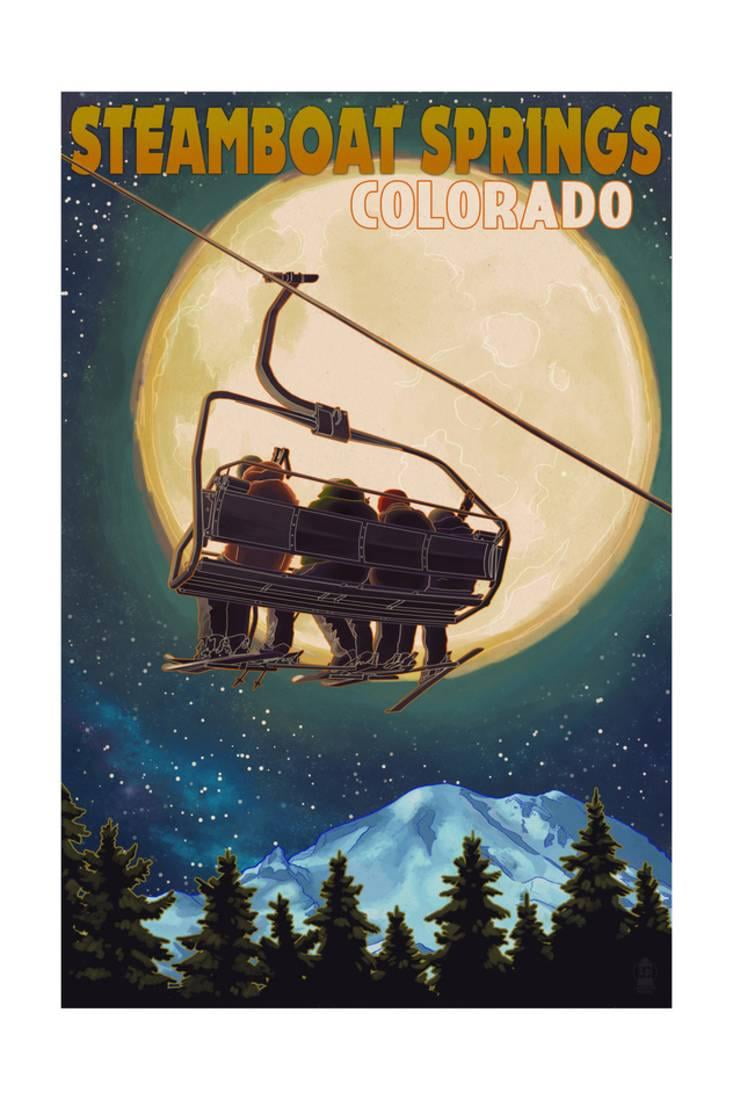 Steamboat Springs, Colorado Ski Lift and Full Moon Print By Lantern Press by Art.com