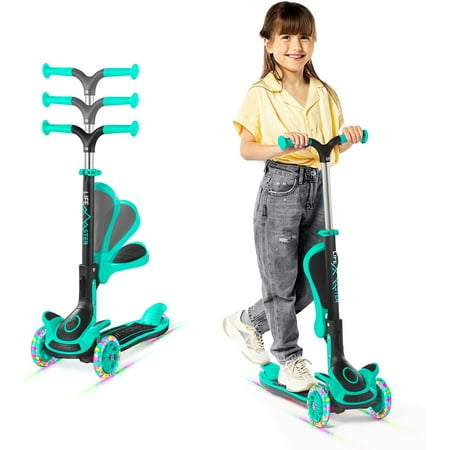 Kids Scooter – Foldable Seat – LED Wheel Lights Illuminate When Rolling – Children and Toddler 3 Wheel Kick Scooter – Adjustable Handlebar – Indoor and Outdoor- Teal - by Lifemaster