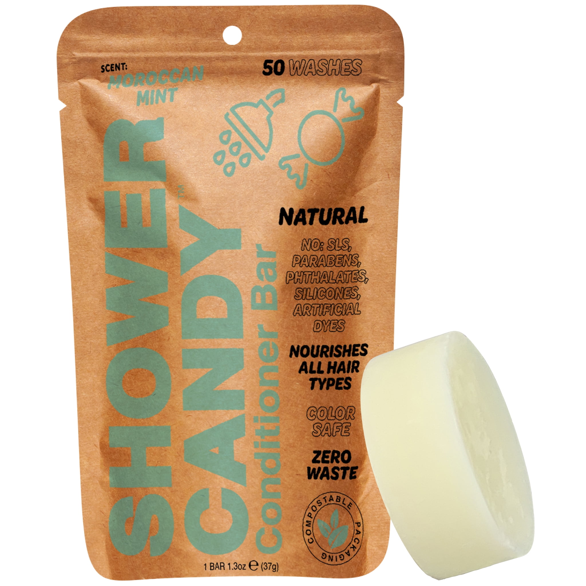 Shower Candy Moroccan Mint Conditioner Bar - Natural Ingredients - Plastic-Free - Eco-Friendly - Conditioner Bars For Hair- Phthalate and Paraben-Free Bar Conditioner - Travel Size Hair Care