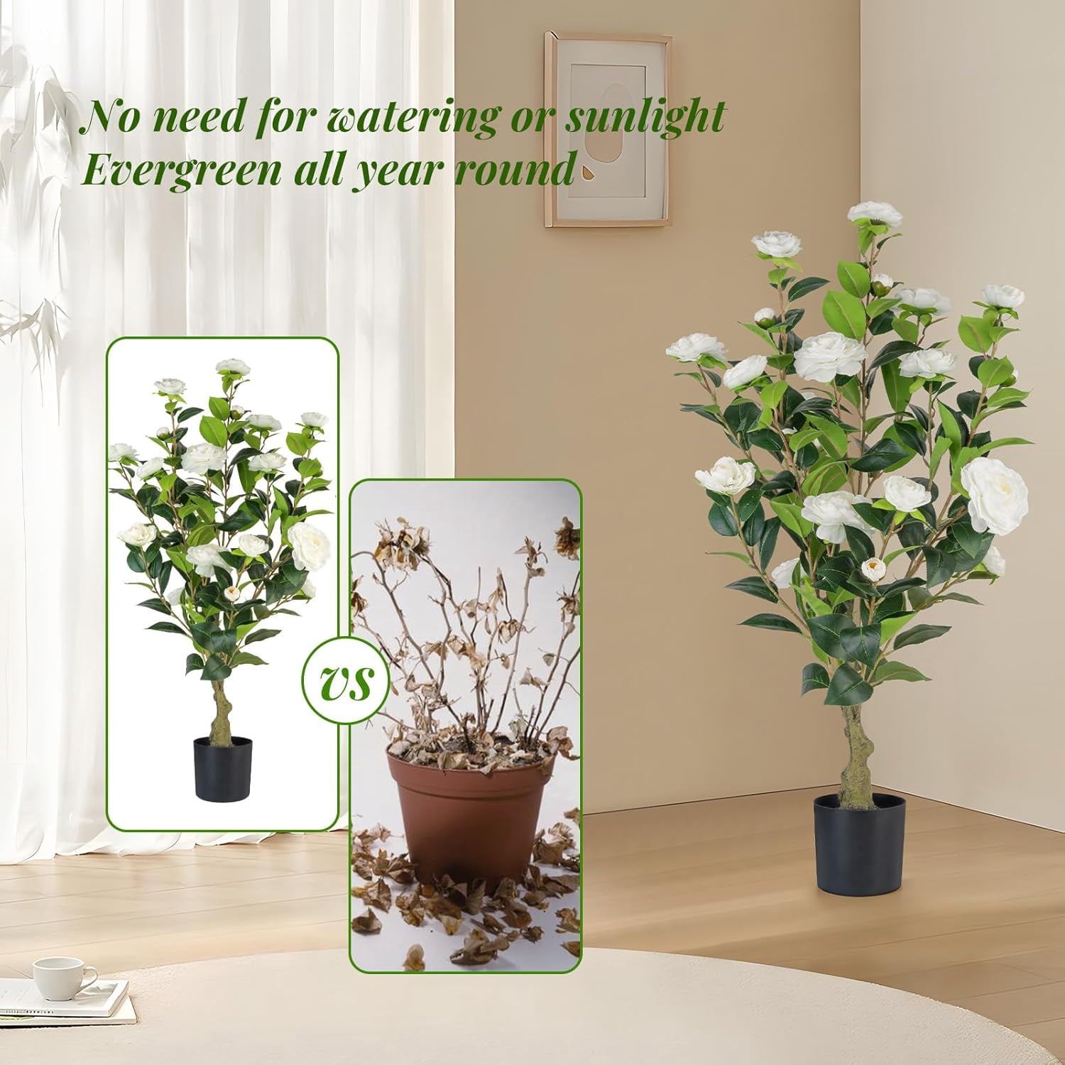 Artificial Camellia Tree 2 Pack, 3FT Faux Camellia Plant in Pot, 36 inch Fake Potted Camellia Flower Tree Plastic Camellia Tree for  Office Living Room Floor, Christmas, Decor Indoor, White