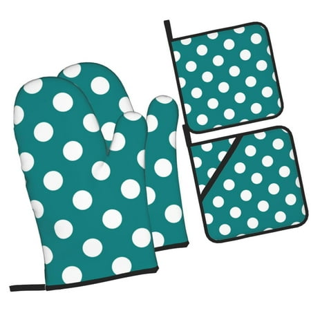 

Honeii Teal And White Polka Dot Pattern Oven Mitts and Pot Holders Silicone Oven Gloves 500 F Heat Resistant Oven Mitts Sets 4PCS