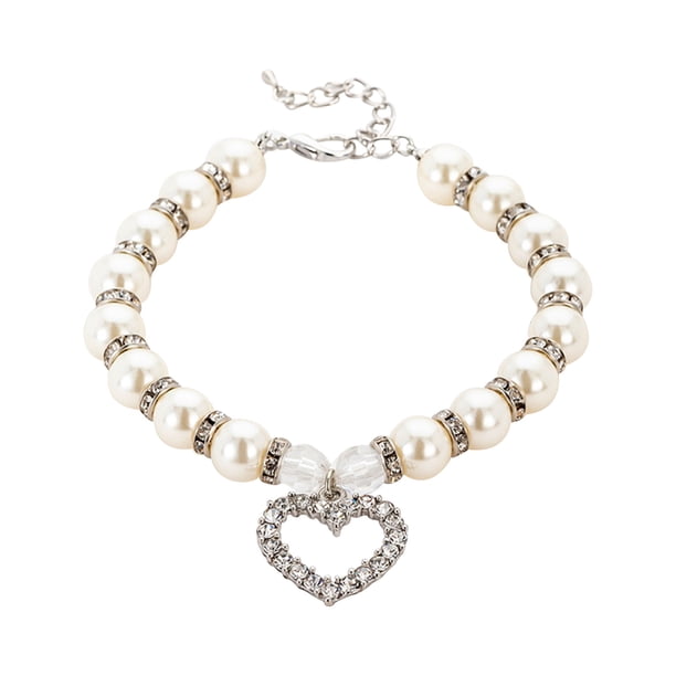 Collar ajustable del perro del diamante - aleación con las perlas, decoración del corazón - para los animales domésticos pequeños/medianos, ajuste de moda, seguro