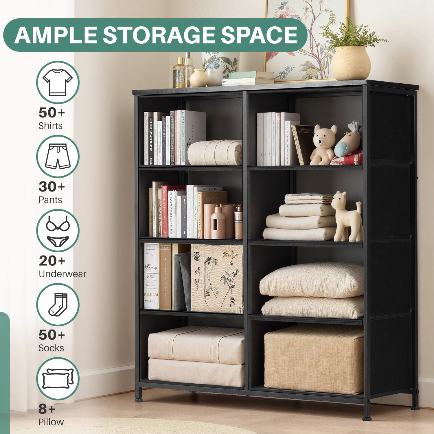 TINKLE WELL 8 Drawers Dresser for Bedroom with Metal Frame, Wood Tabletop, Storage Chest Drawers, Black