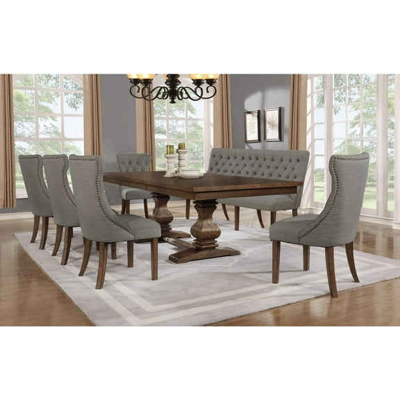 Walnut Wood 7pc Dining Set with Extendable Table and Gray Linen Chairs   Bench