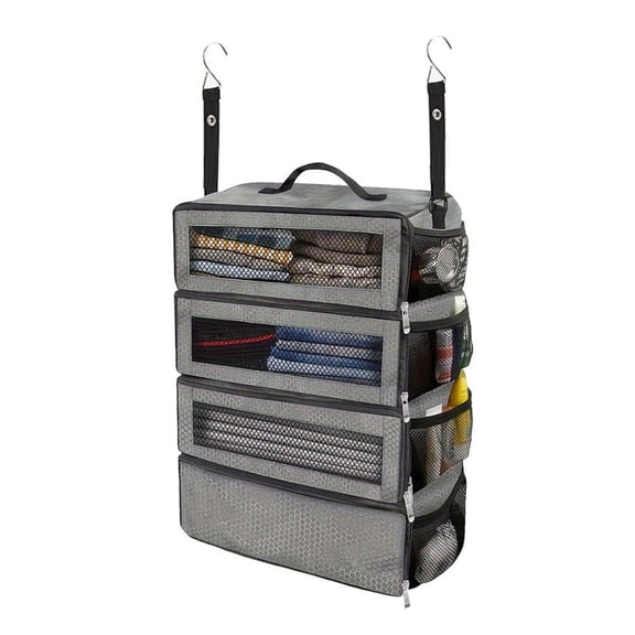 4-Tier Hanging Travel Organizer, Oxford Cloth Suitcase Closet Storage Bag with Side Mesh Pockets, 20.47 in, Light Gray Grid
