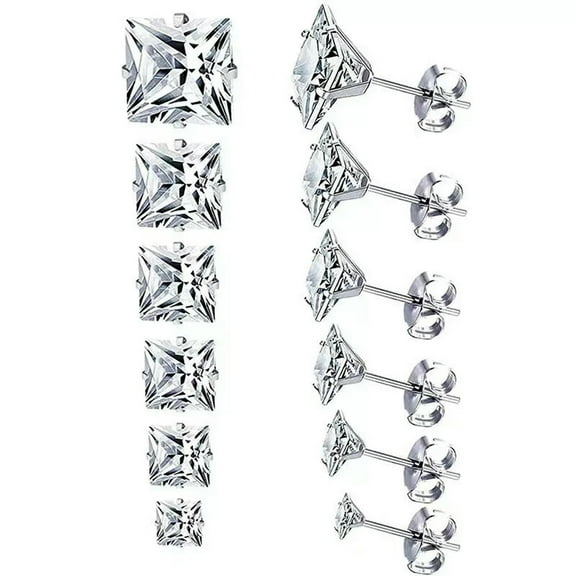 K-KED 6 Pairs Earring Stud Set Square Zirconia Stainless Steel Ear Piercing Women Men-default