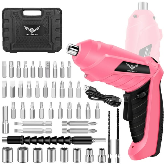 JENABOM Destornillador Eléctrico Inalámbrico 3.6V Recargable Pequeño Power Set de Taladro 3.0Nm Torque Máximo Giratorio con Luz LED para Herramienta de Bricolaje en Casa Rosa-47 Pzas