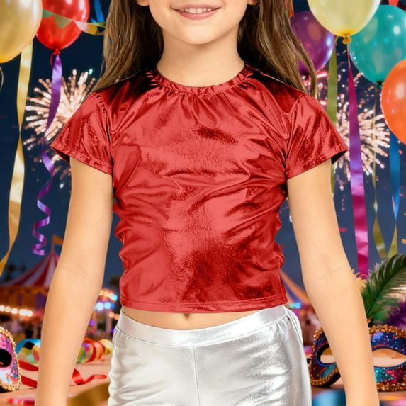 YUQIN Girls Glitter Shiny Metallic T Shirts Kids Short Sleeve Tees Dance Blouse Party Performance Stretch Top Solid Color Stage Wear Regular-Fit Tee Shirt
