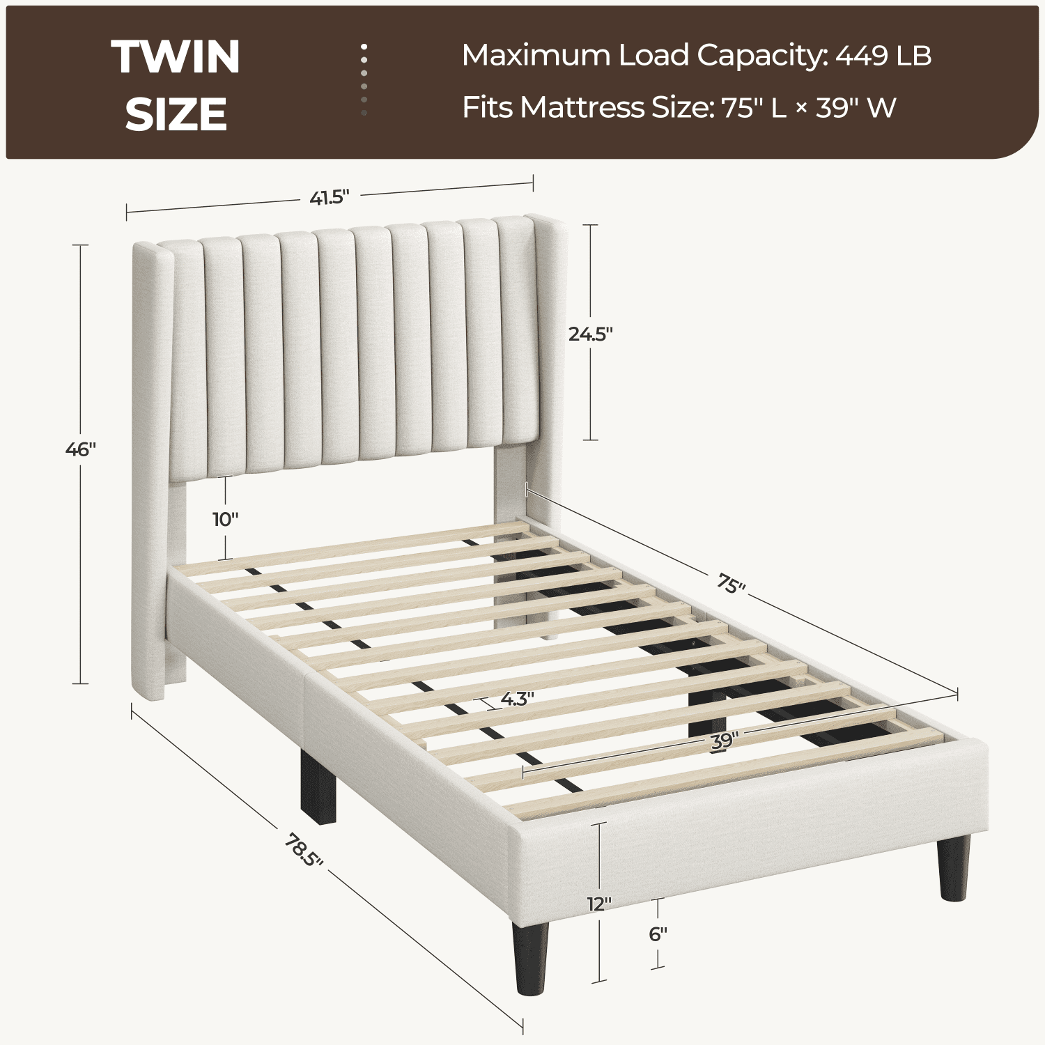 Renwick Twin Upholstered Bed Frame with Tufted Headboard, Ivory