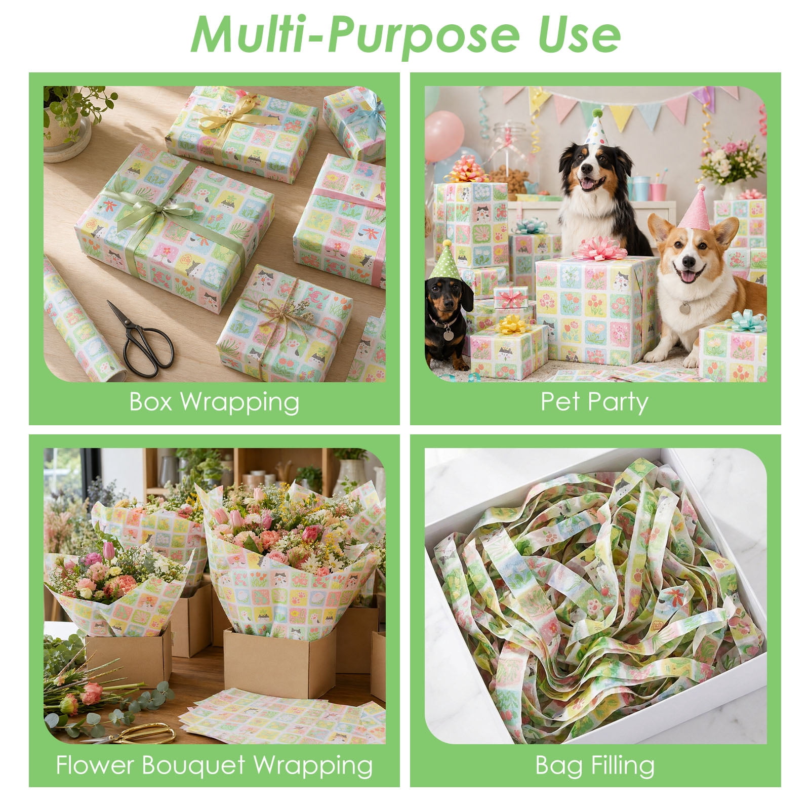 Atopoler 200 Sheet Cartoon Tissue Paper,Cute Animal Floral Preasent Wrap Tissue Paper for Wrapping Crafting Packing,20 x 14 inches,Green Color