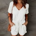 thumbnail image 2 of FAIWAD Womens Elastic Short Rompers V Neck Short Sleeve with Pockets Comfy Jumpsuit with Drawstring (X-Large, White), 2 of 7