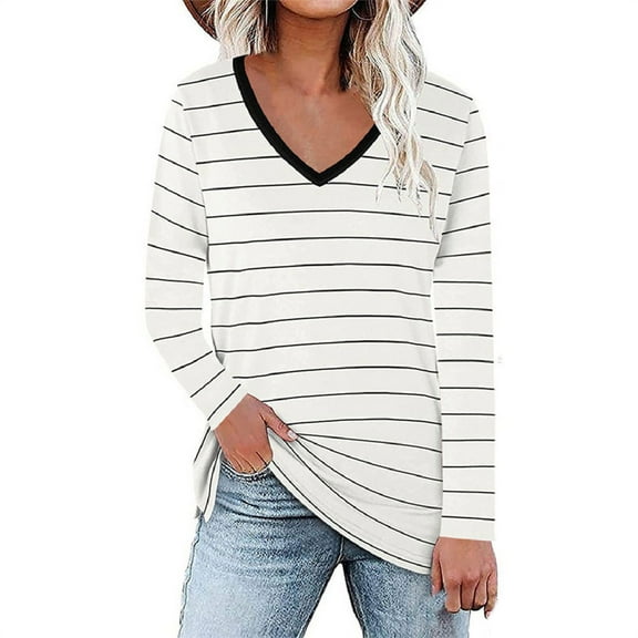 Annhoo Long Sleeve Tops for Women Casual Loose V Neck Color Block Shirts Fall Fashion Stripes Print Blouse Tees