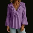 thumbnail image 4 of Mwjwdo Womens Long Sleeve Flare Cuff Ruffle V Neck Dressy Casual Textured Relaxed Fit Peplum Blouse Summer Shirts, 4 of 7