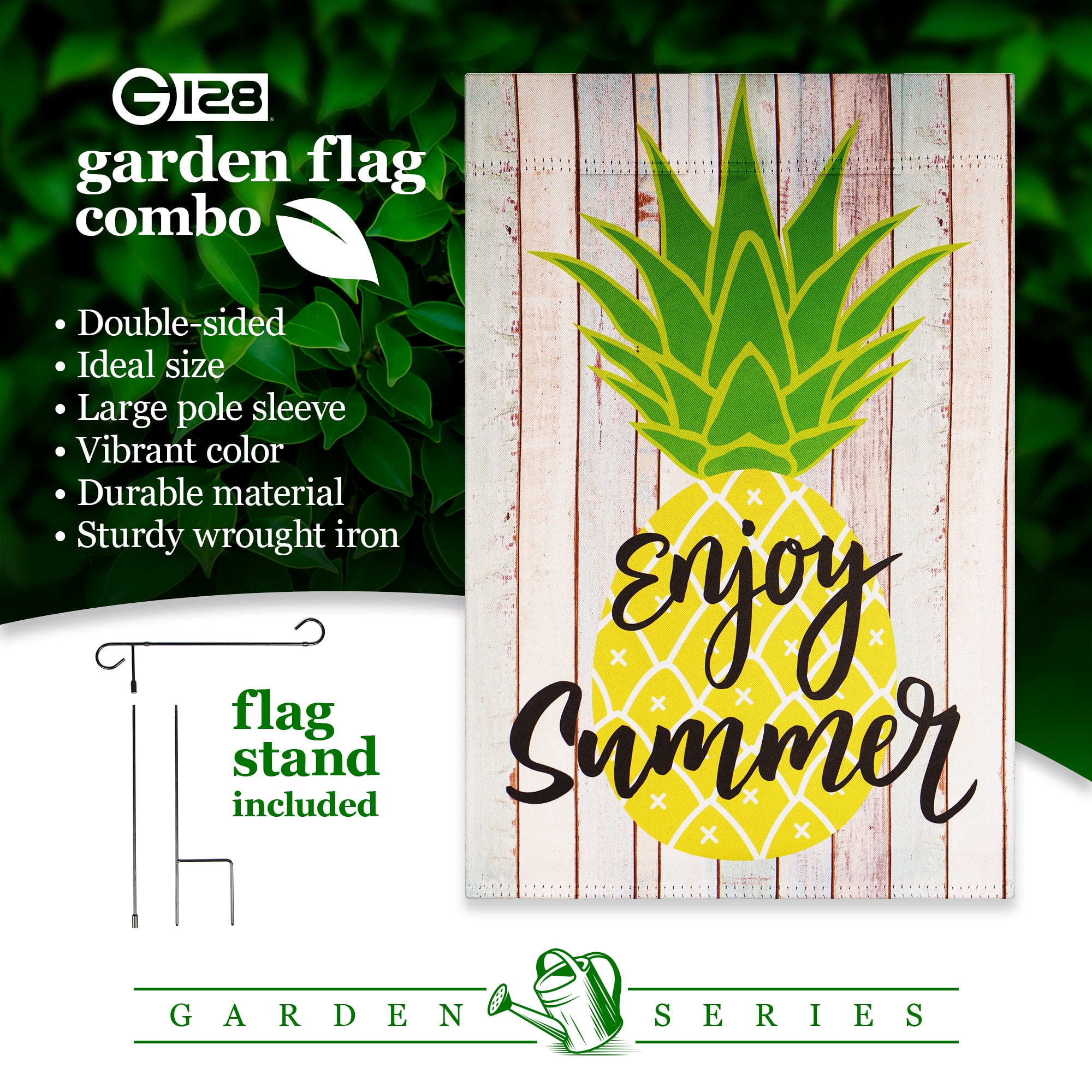 G128 Combo Pack: Garden Flag Stand Black 36 in x 16 in & Garden Flag Summer Decoration Enjoy Summer Pineapple 12"x18" Double-Sided Blockout Fabric