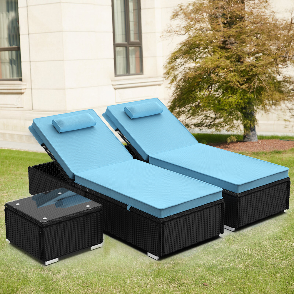 Pool Lounge Chairs, BTMWAY PE Wicker Outdoor Patio Chaise Lounge Chairs Set with Adjustable Backrest, Coffee Table, Outdoor Rattan Patio Chaise Lounge Chair, Blue, A2487 - image 2 of 11