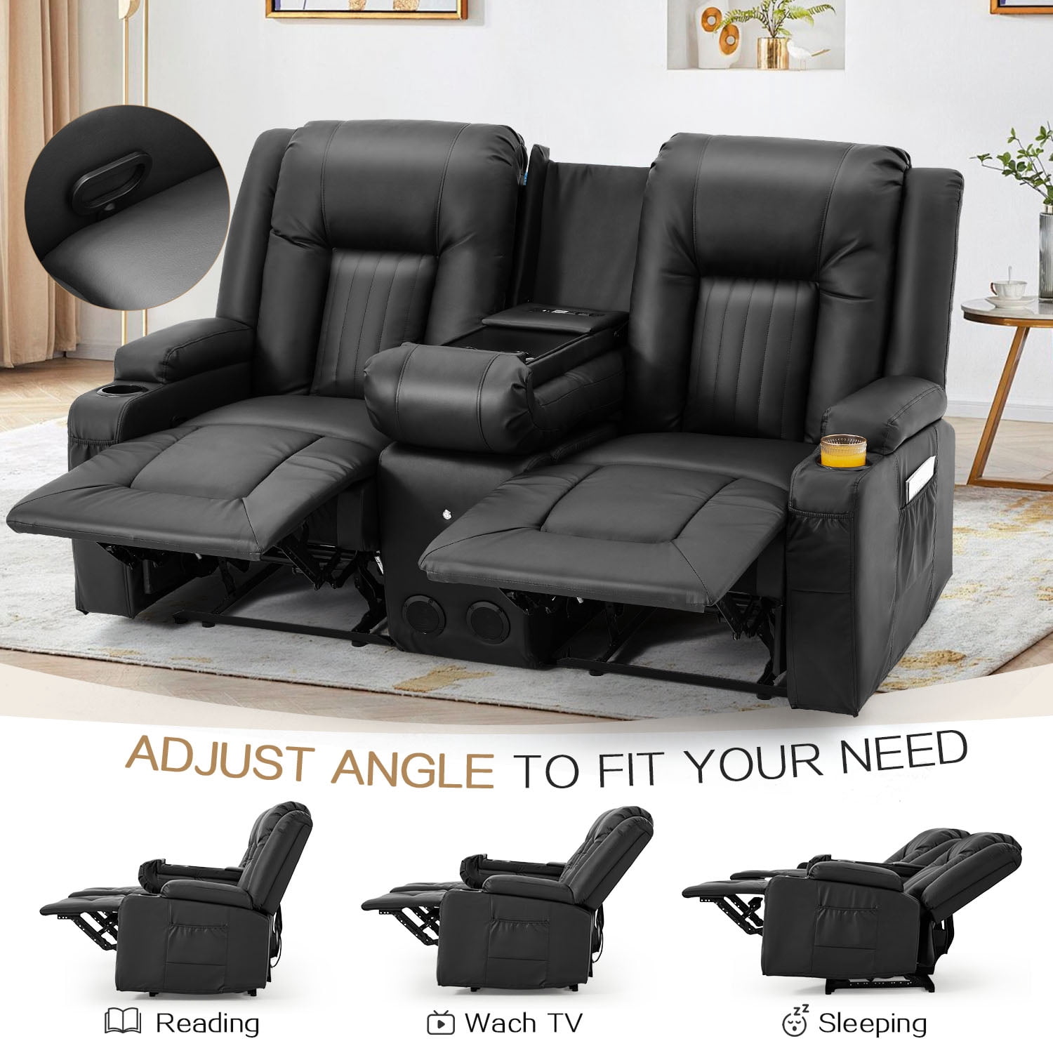 AECOJOY Loveseat Recliners with Console&Bluetooth Speakers, Recliner Chair Reclining Sofa with USB Ports&4 Cup Holders, 2 Side Pockets Wall Hugger Recliner Home Theater Seating, Fuax Leather, Black