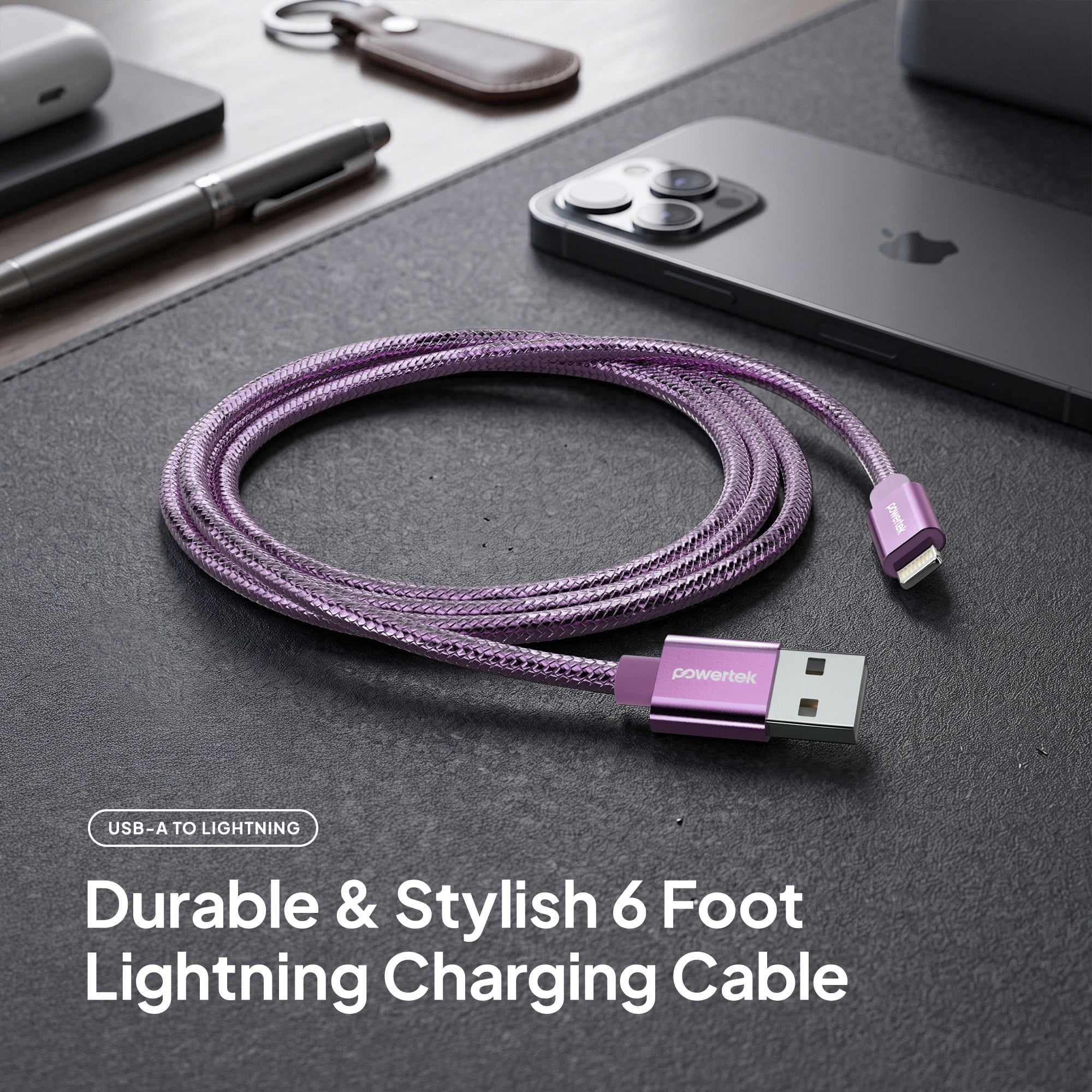 Powertek Luxe 6ft USB-A to Lightning Cable, Purple, Fast Charge & Sync, Metallic Mesh PVC Jacket, Durable Tangle-Free Design
