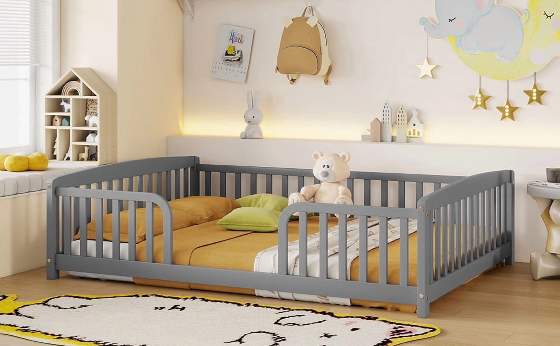 Mintazer Full Size Toddler Floor Bed with Guardrails & Central Entrance, Grey
