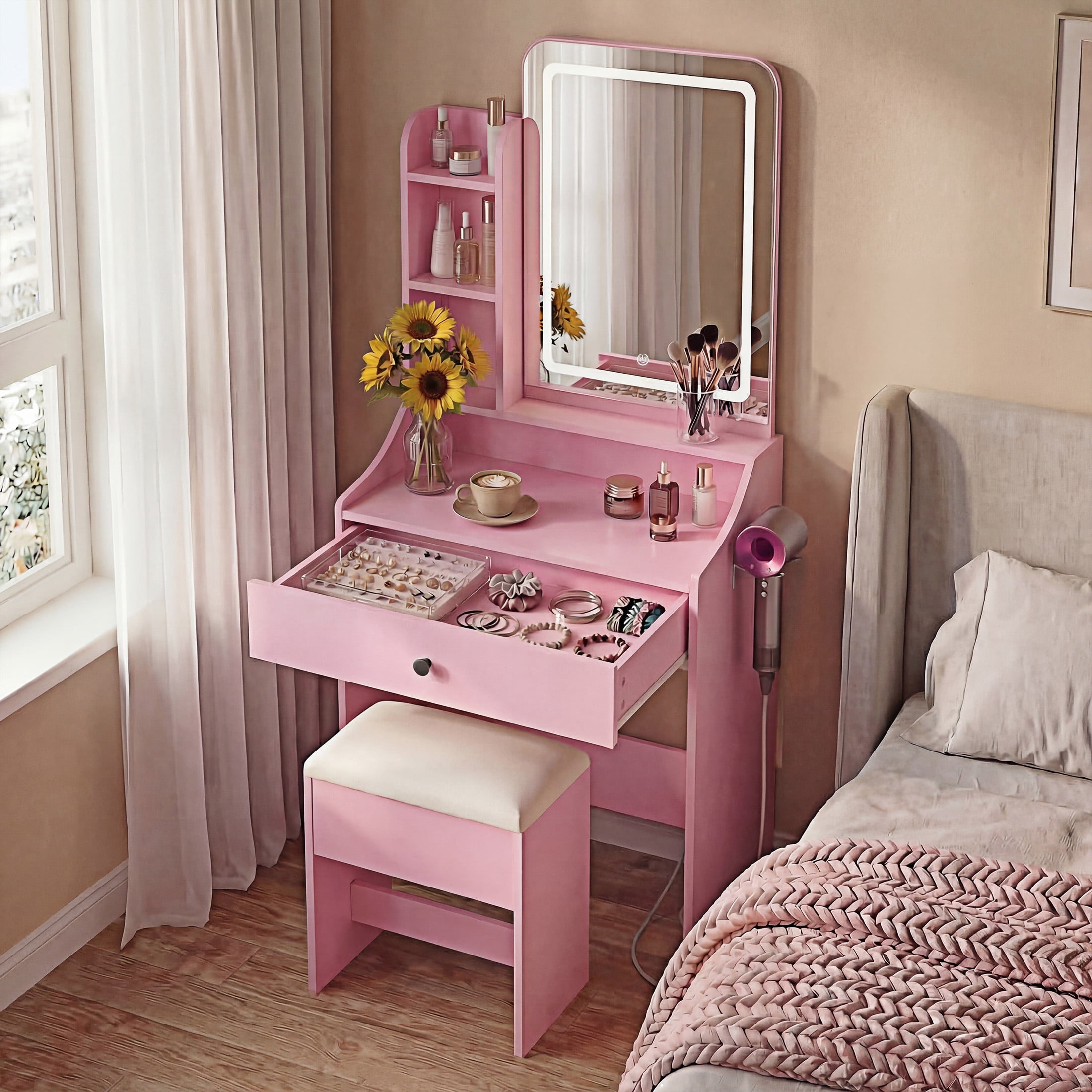 EDX 24" Makeup Vanity Table and Chair Set,  Modern Vanity Desk with Mirror,  Power Outlets&3 Lighting Modes,  Pink